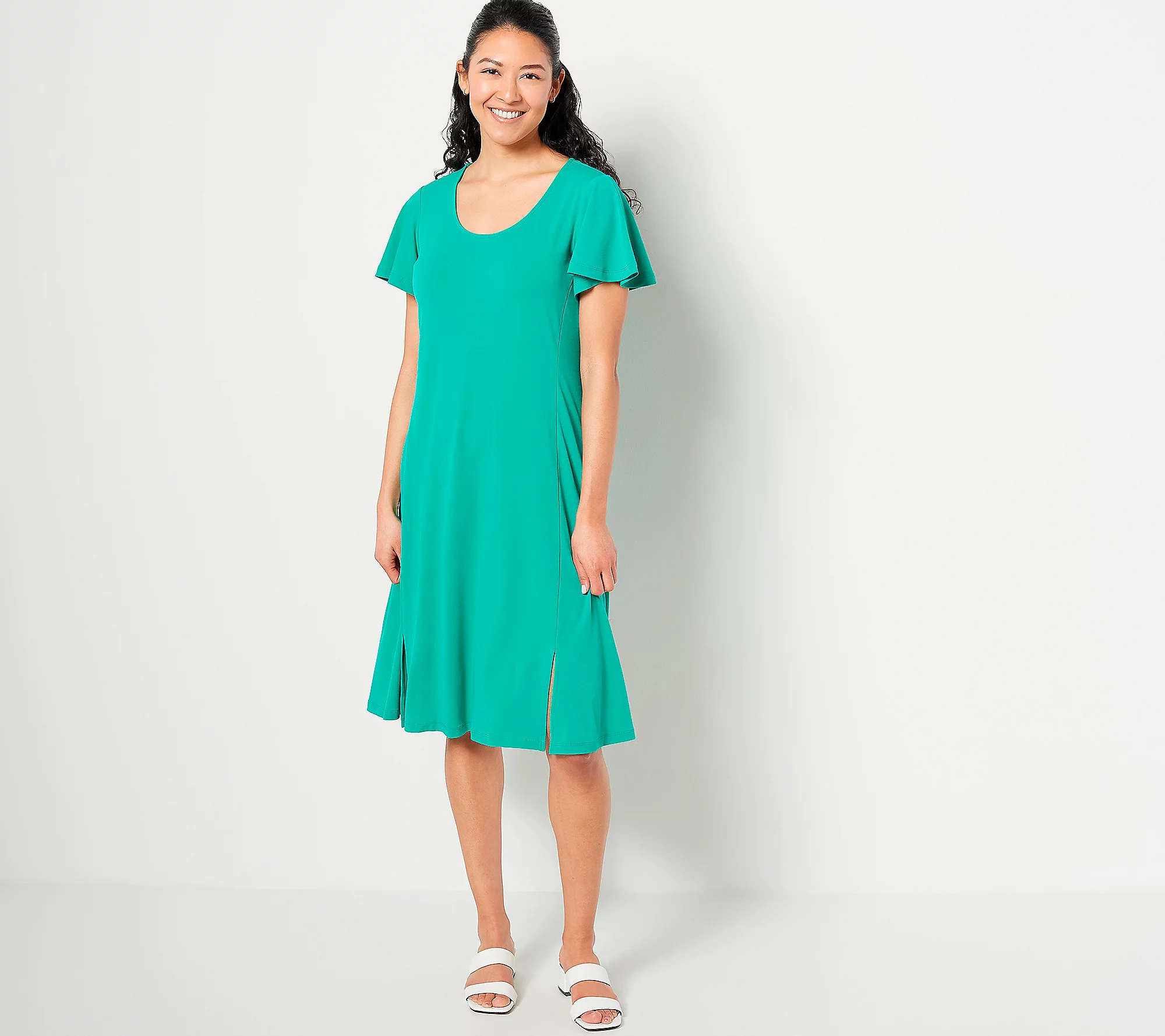 Susan Graver Liquid Knit Fit & Flare Dress w Flutter Sleeves