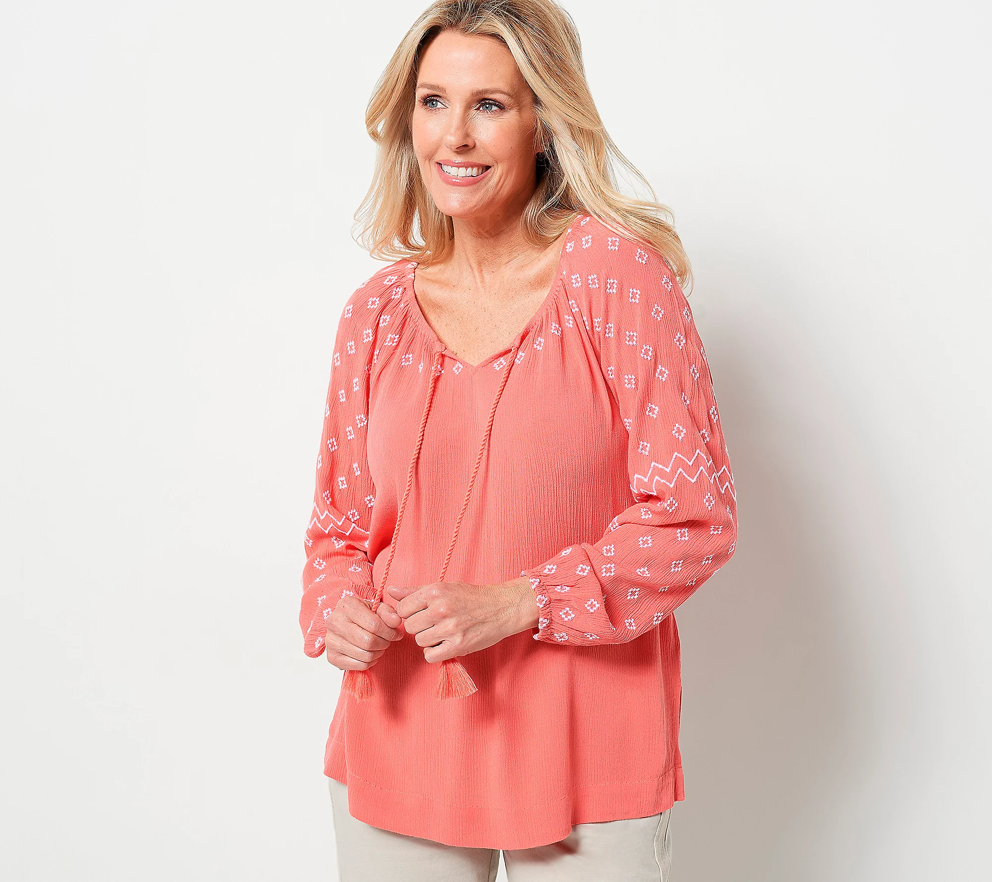 Susan Graver Weekend Essentials Crinkled Gauze Lace Up Top