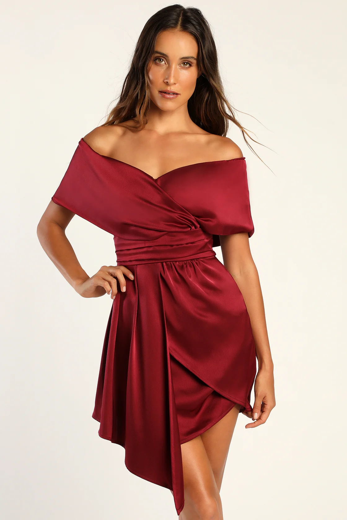 Always Celebrating Burgundy Satin Off-the-Shoulder Mini Dress