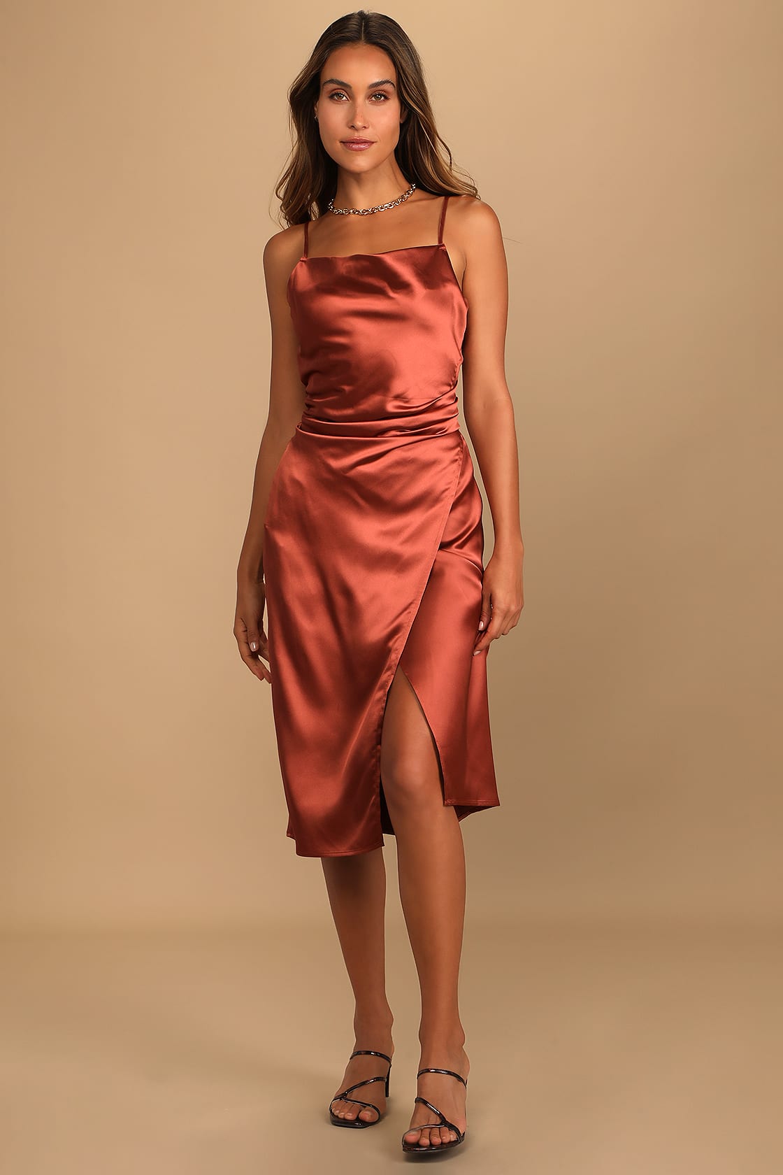 Hollywood Woman Bronze Satin Midi Dress