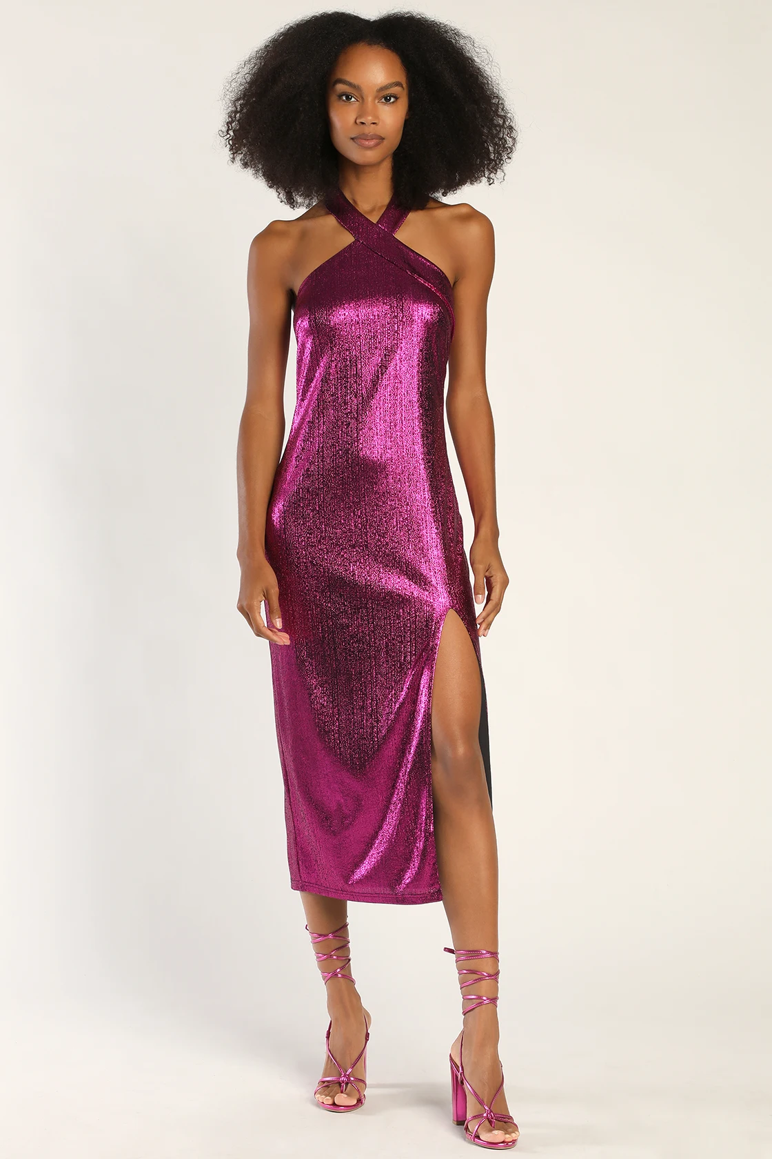 Lulus Shining Pretty Magenta Pink Metallic Halter Midi Dress