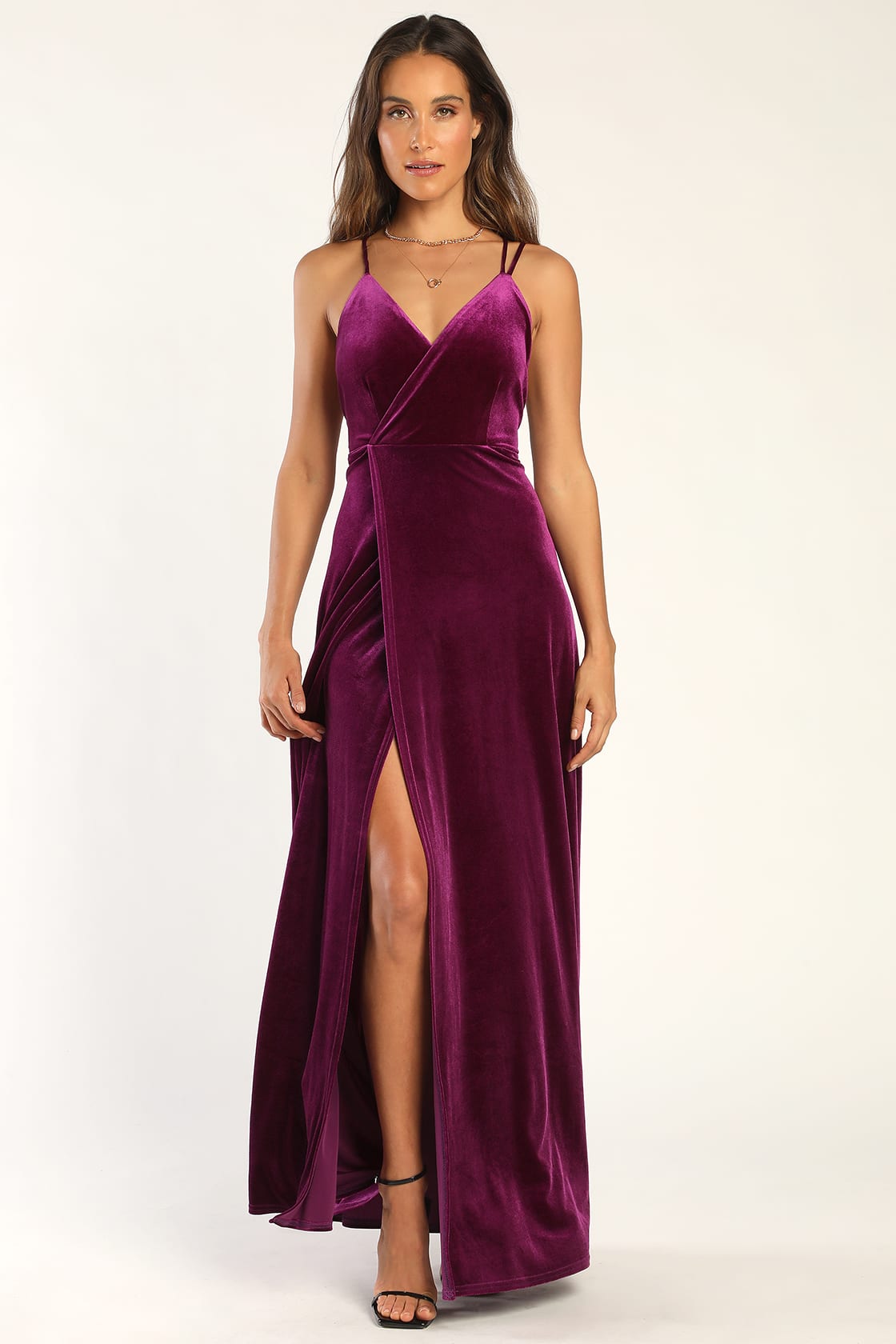 Whimsical Romance Purple Velvet Faux-Wrap Maxi Dress